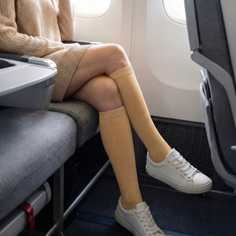 Vrouw met MoveWell compressiekousen in huidskleur op een vliegtuigstoel