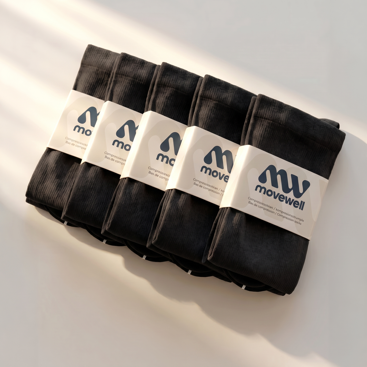 MoveWell compressiekousen 5-pack zwart — vijf paar in verpakking