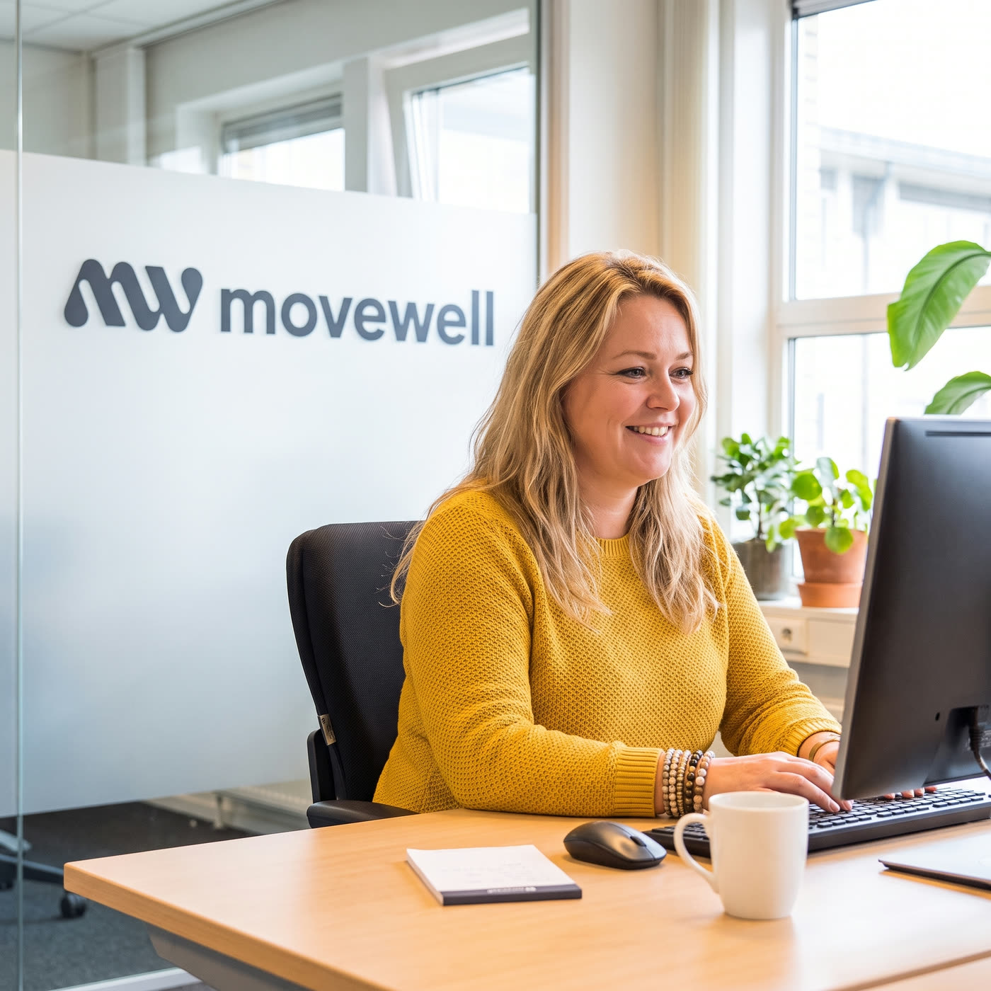 Medewerker van de MoveWell-klantenservice achter haar bureau